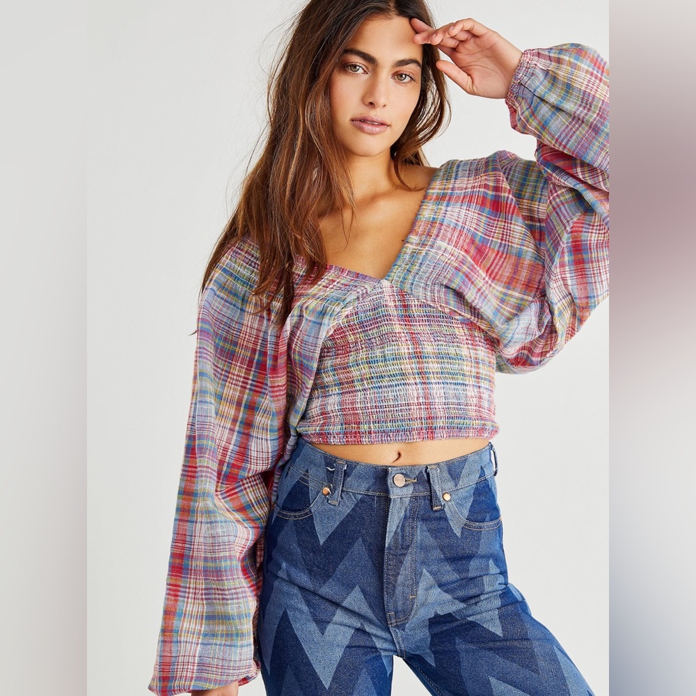 Free People Marlena Plaid V-Neck Top, XS